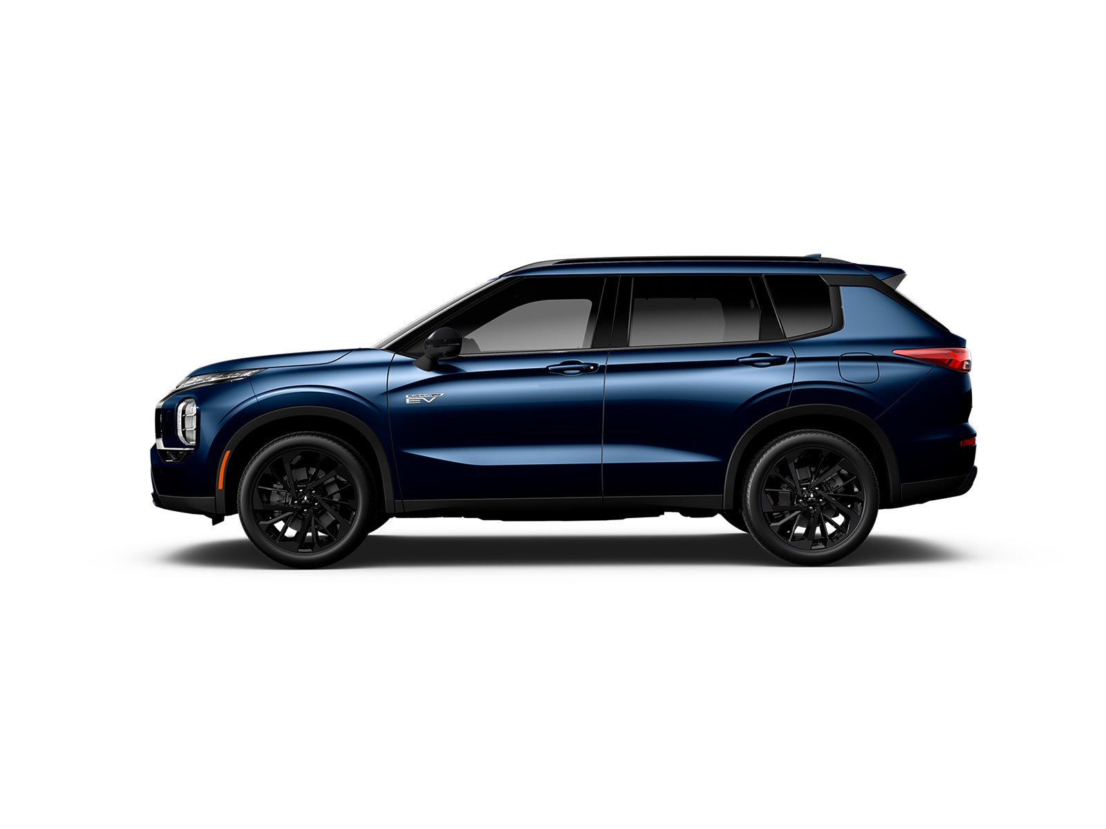 Side profile view of the 2025 Mitsubishi Outlander PHEV SEL Black Edition trim in blue with black alloy wheels, featuring the Black Edition styling.